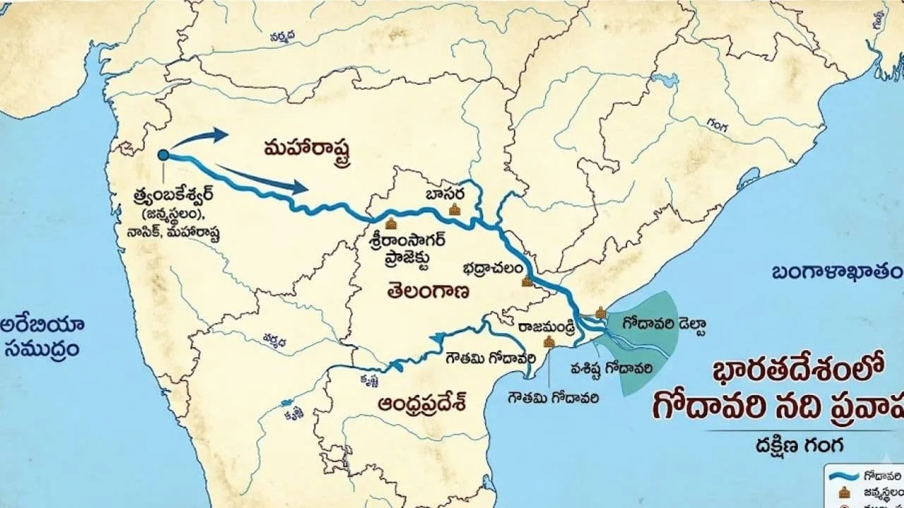 గోదావరి నది ప్రయాణ మార్గం మరియు దాని భౌగోళిక విశేషాలు